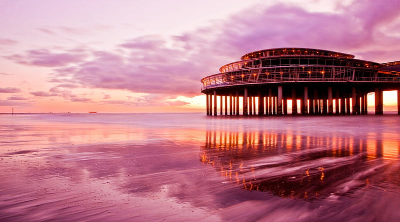 spectacular pier restaurant and casino, beach, pier, clouds, pink, sea, HD wallpaper