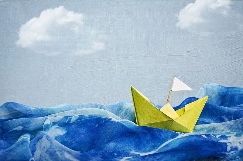Paper boat, summer, boat, blue, art, yellow, paper, water, vara, HD wallpaper