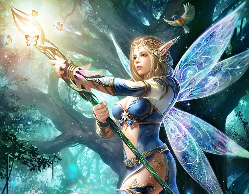 Fairy Queen, forest, glowing, sceptre, queen, butterflies, fairy, HD wallpaper