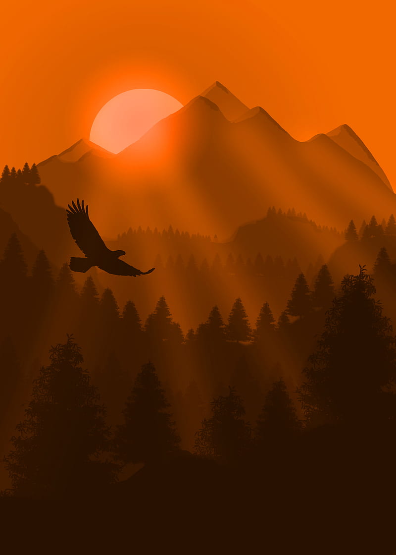 eagle, bird, sunset, mountains, art, vector, HD phone wallpaper
