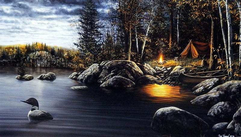 Northern Solitude, rocks, painting, tent, campfire, river, trees, artwork, HD wallpaper