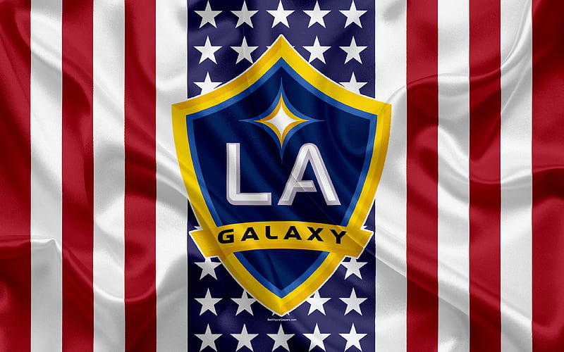 Los Angeles Galaxy FC, LA Galaxy logo, emblem, silk texture, American flag, football club, MLS, Los Angeles, California, USA, Major League Soccer, Western Conference, HD wallpaper