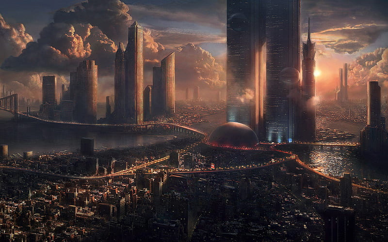 Megacity, skyscraper, buildings, sunset, sky, lights, highways, city, water, future, bridge, river, HD wallpaper
