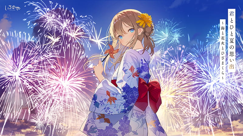 anime girl, yukata, fireworks, festival, back view, blonde, Anime, HD wallpaper