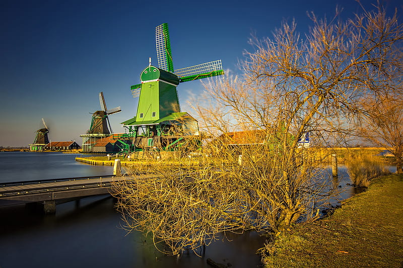 Buildings, Windmill, Canal, Netherlands, HD wallpaper