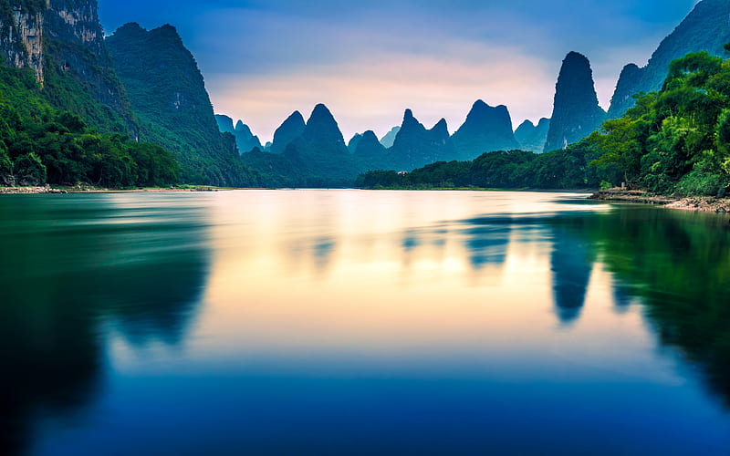 China, lake, mountains, jungle, morning, Asia, HD wallpaper