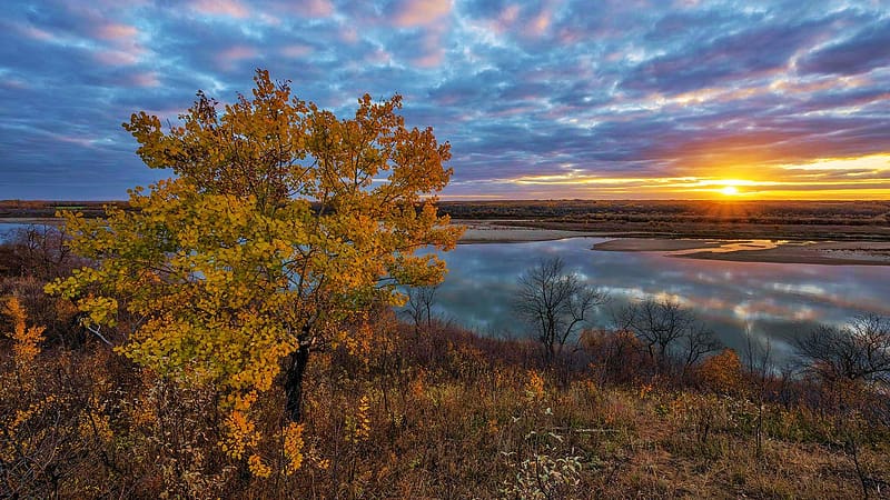 Saskatchewan Canada in late fall, sunset, autumn, colors, trees, landscape, clouds, sky, water, HD wallpaper
