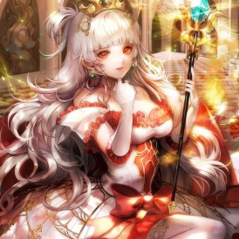 Queen, pretty, dress, cg, silverhair, bonito, magic, sublime, sweet, nice, fantasy, anime, royalty, hot, beauty, anime girl, tiara, long hair, female, lovely, wand, sexy, girl, crown, princess, angelic, red eyes, HD wallpaper