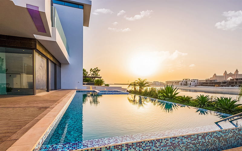 pool near the house, pool design, luxury house, Dubai, UAE, villa, HD wallpaper