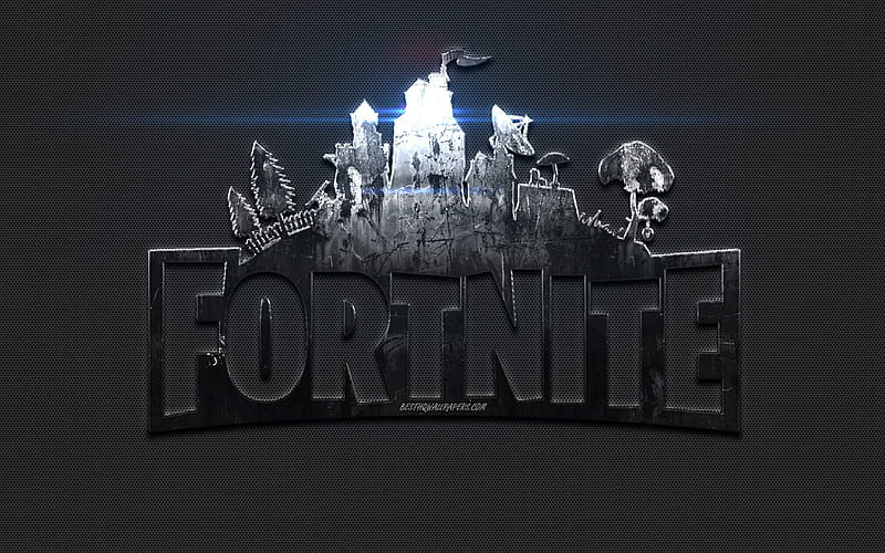 Fortnite, metal logo, creative art, metal Fortnite emblem, online game, HD wallpaper