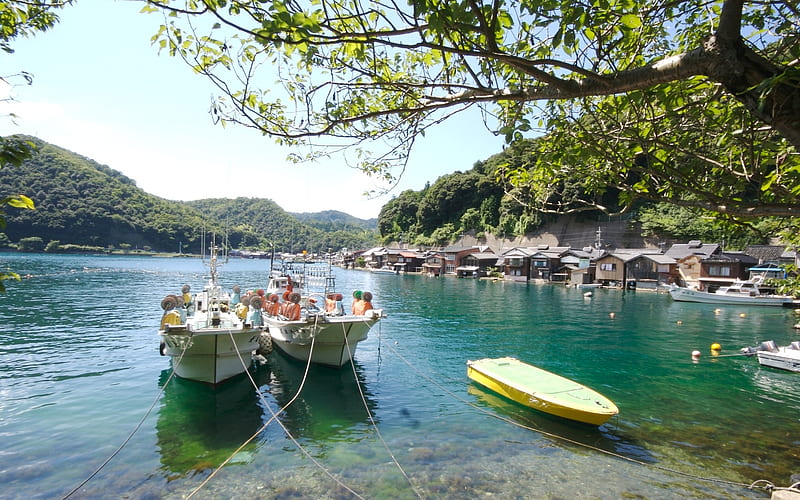 Fishing Village in Japan, village, boats, japan, sea, HD wallpaper