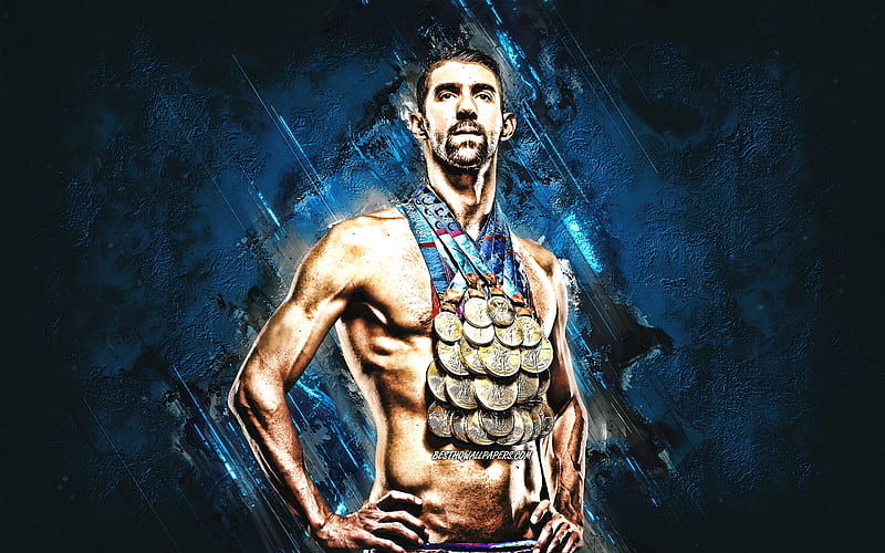 Michael Phelps, American swimmer, olympic champion, portrait, blue stone background, USA, HD wallpaper