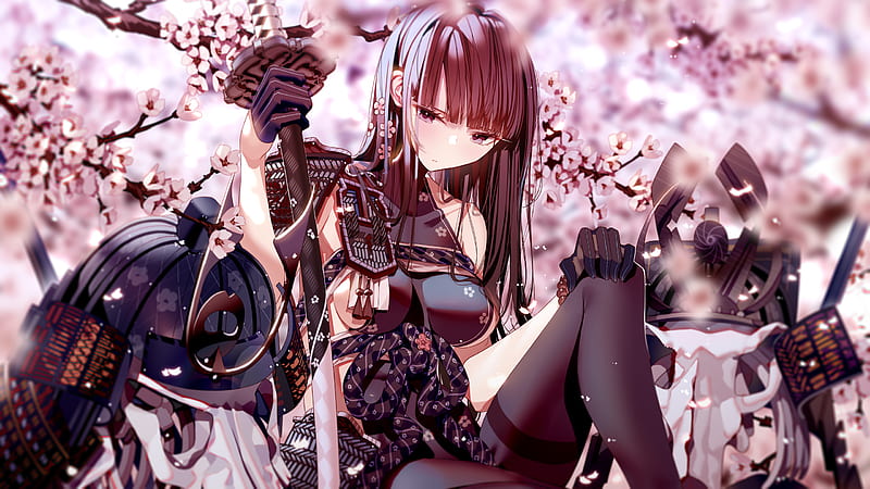Atha, original characters, samurai, anime, anime girls, cherry blossom, 2D, artwork, drawing, katana., HD wallpaper