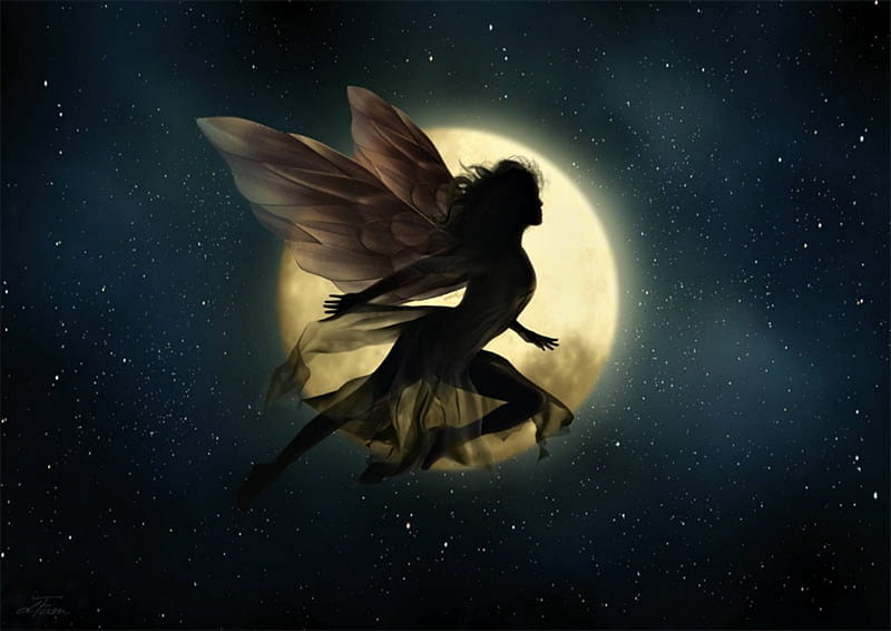 Fairy, stars, wings, moon, black, sky, silhouette, fantasy, moon, girl, lemonade illustration agency, night, HD wallpaper