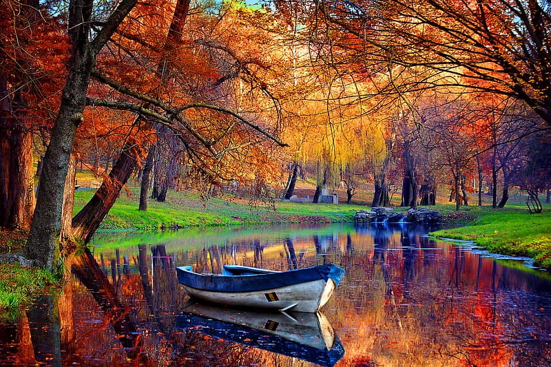 Autumn River, autumn, bonito, boat, colors, river, trees, water, HD wallpaper