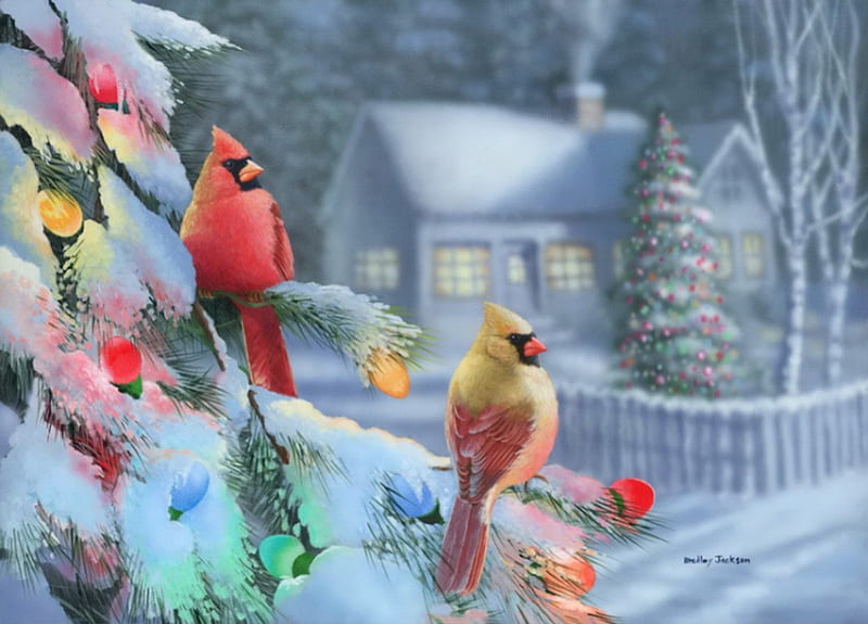 Winter lights, pretty, fence, colorful, house, lovely, cottage, bonito, cabin, lights, winter, countryside, cardinals, nice, snowing, painting, village, HD wallpaper Winter lights, pretty, fence, colorful, house, lovely, cottage, bonito, cabin, lights, winter, countryside, cardinals, nice, snowing, painting, village, HD wallpaper