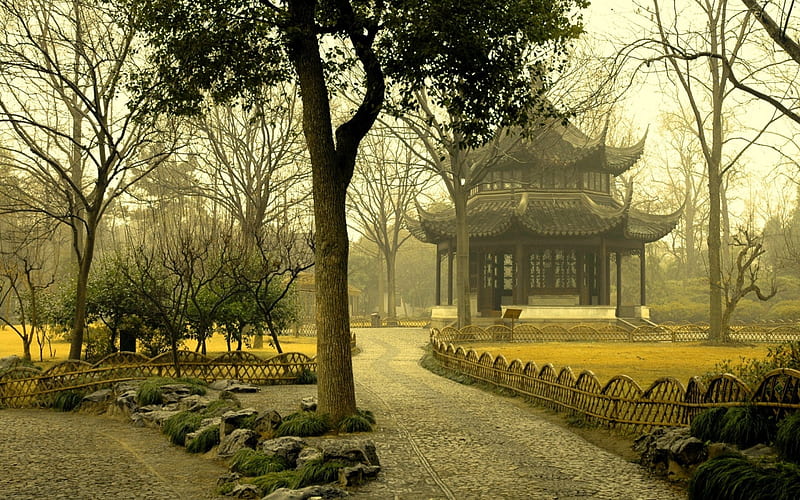 Chinese Garden, fence, grass, trees, sky, bushes, building, garden, nature, chinese, HD wallpaper