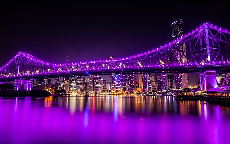 Brisbane, Story Bridge, Brisbane River, night, purple bridge lighting, Brisbane cityscape, skyscrapers, Australia, HD wallpaper