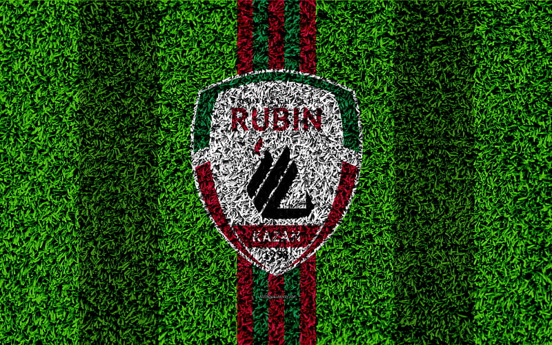 FC Rubin Kazan logo, grass texture, Russian football club, purple green lines, football lawn, Russian Premier League, Kazan, Russia, football, HD wallpaper