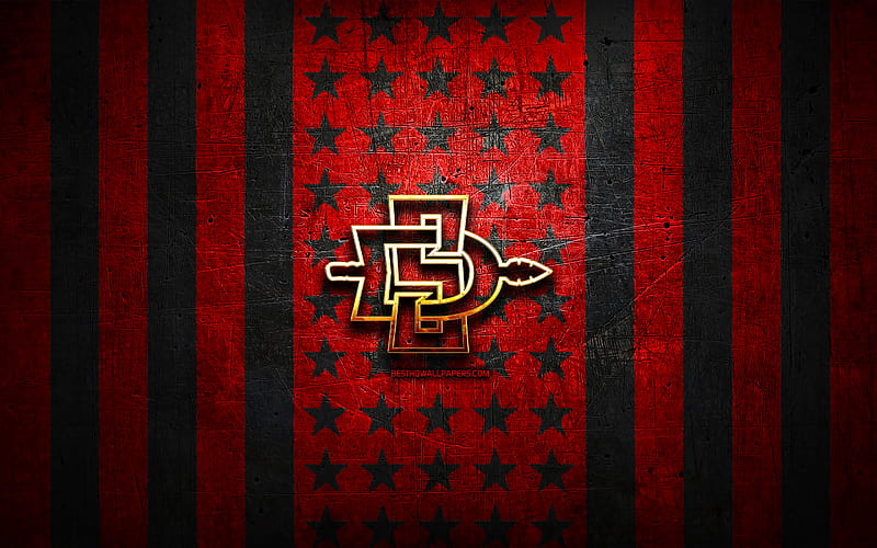 San Diego State Aztecs flag, NCAA, red black metal background, american football team, San Diego State Aztecs logo, USA, american football, golden logo, San Diego State Aztecs, HD wallpaper