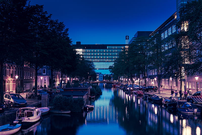 urban, canal, night, people, mood, lights, City, HD wallpaper