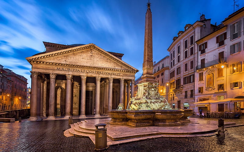Pantheon, Rome, night, square, fountain, Marco Vispanio Agrippa, Italy, HD wallpaper