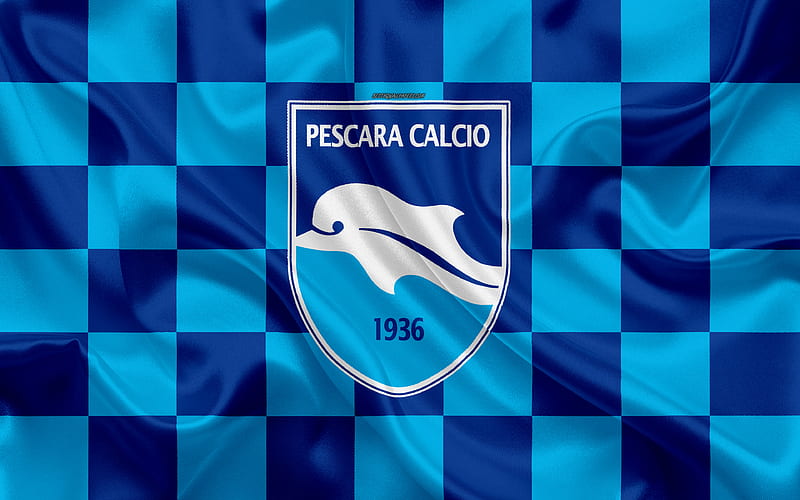 Delfino Pescara 1936, Pescara Calcio logo, creative art, blue checkered flag, Italian football club, Serie B, emblem, silk texture, Pescara, Italy, football, HD wallpaper