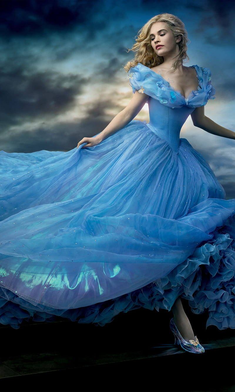 Cinderella, art, blonde, blue, disney, dress, fantasy, girl, sky, HD phone wallpaper