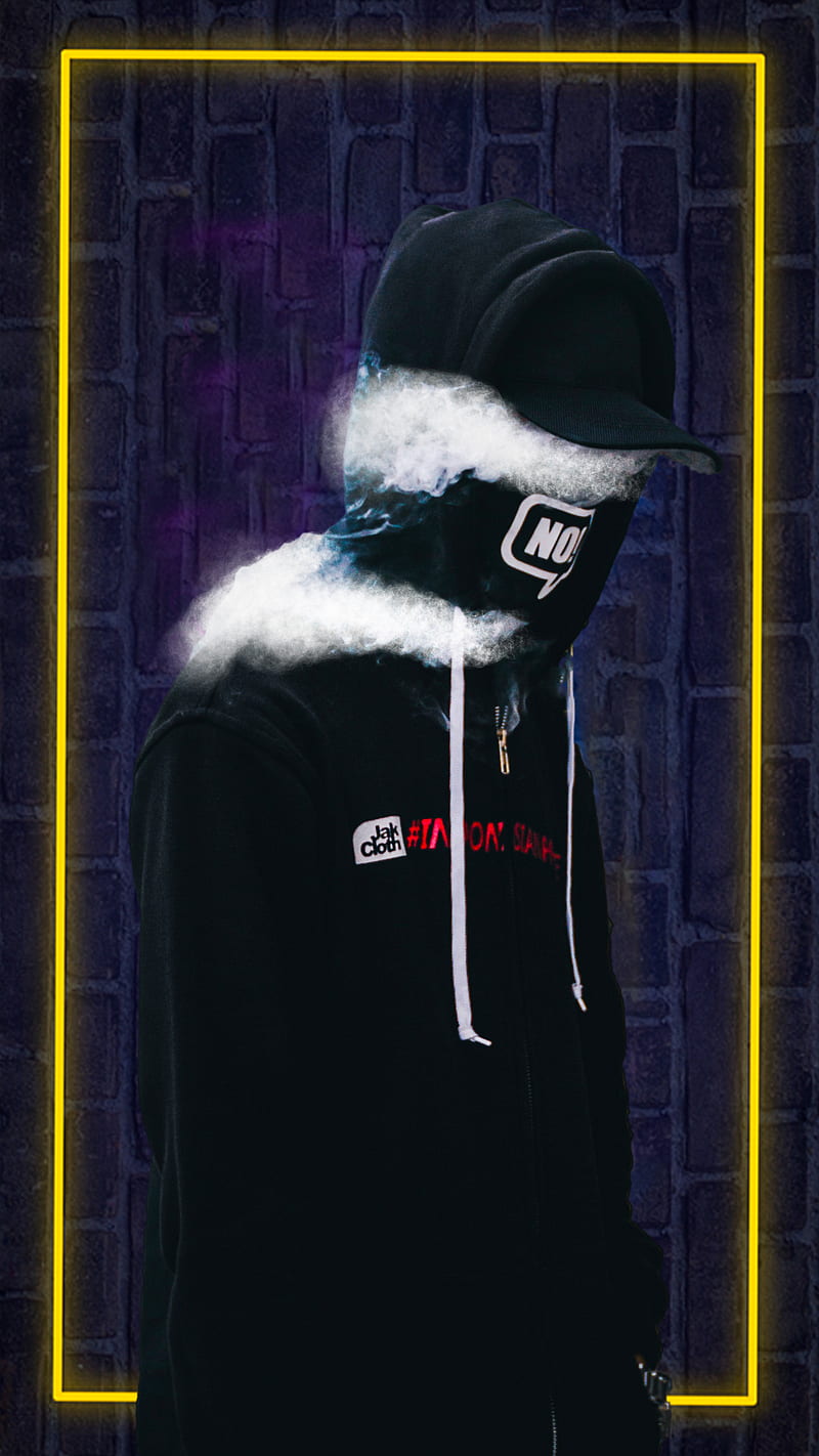 SMOKE MAN, HI, background, black, hooded, live, mask, masked, masked man, neon, square, wall, white, white smoke, yellow, yellow neon, HD phone wallpaper