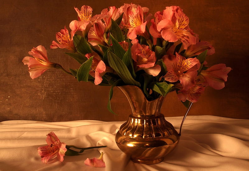 Flowers, alstroemeria, bouquet, fabric, pitcher, HD wallpaper