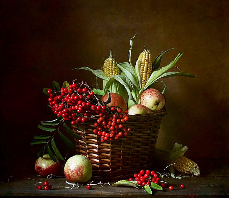 Harvest Basket, corn, fall, harvest, graphy, berries, apples, HD wallpaper