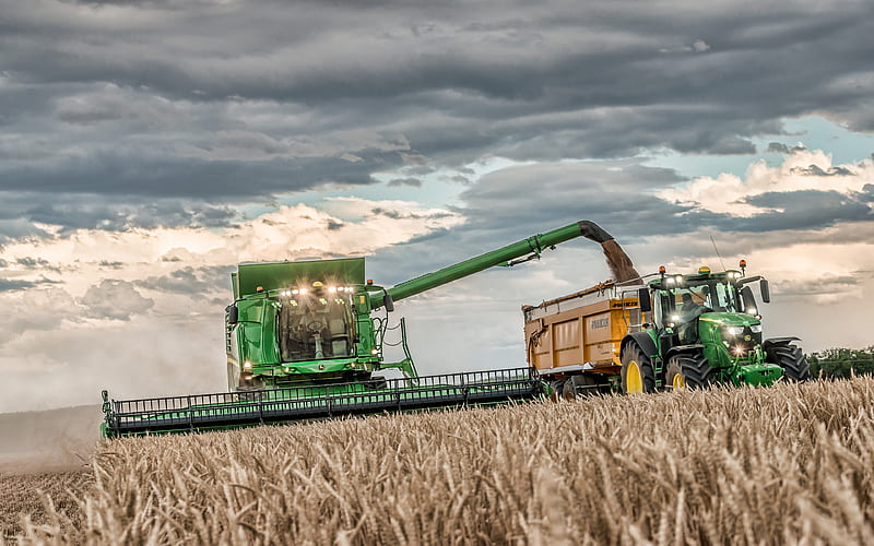 John Deere T670i, John Deere 6250R combine harvester, 2021 combines, wheat harvest, 2021 tractors, harvesting concepts, agriculture concepts, John Deere, HD wallpaper