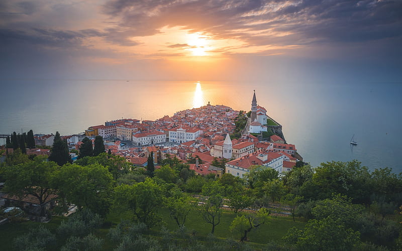 Piran, Adriatic Sea, resort city, evening, sunset, seascape, summer, Slovenia, HD wallpaper