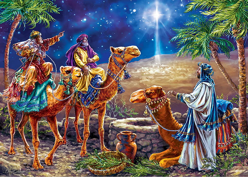 Wise Men, holy, well, painting, kings, camels, star, artwork, palms, HD wallpaper