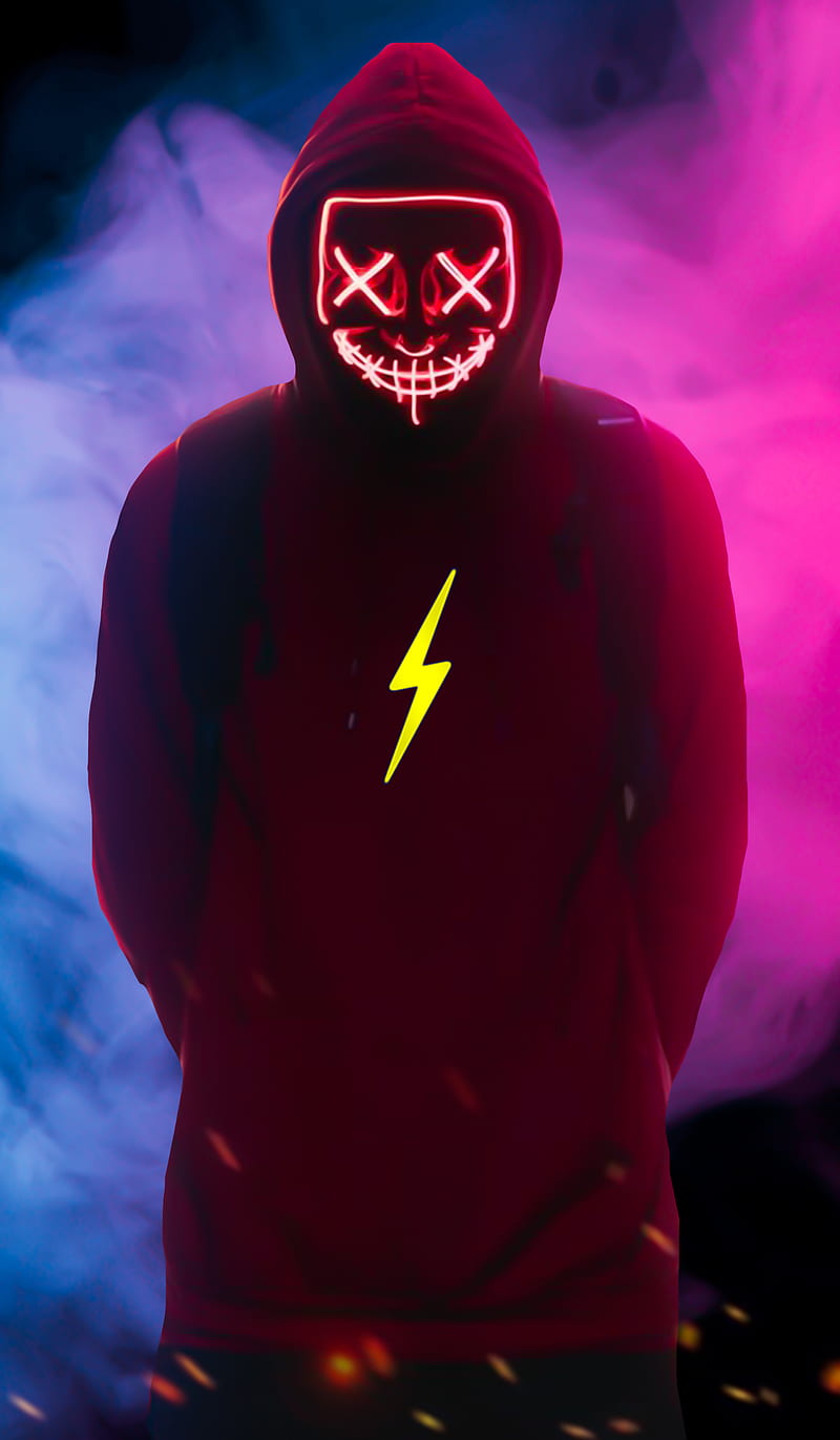 NEON MASK MAN, man, mask, neon, people, red, smoke, spark, HD phone wallpaper