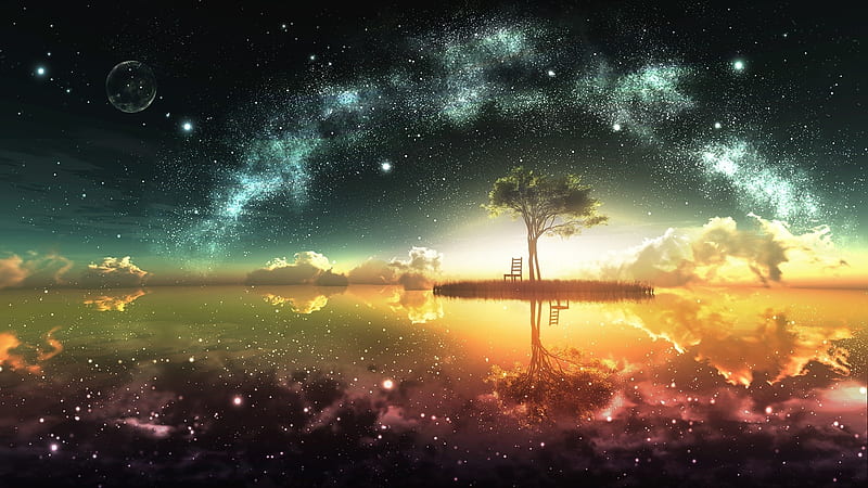 fantasy landscape, lonely tree, reflection, stars, chair, Fantasy, HD wallpaper