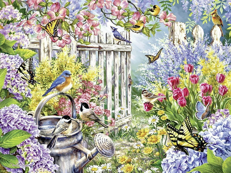 Spring awakening, art, bird, painting, garden, flower, spring, pictura, dona gelsinger, HD wallpaper