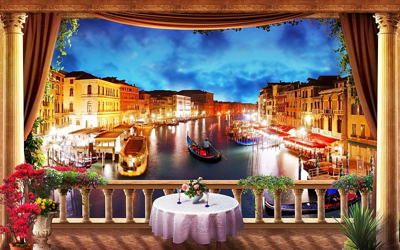 Beautiful view, dinner, table, colorful, romantic, canal, bonito, terrace, lights, Venice, water, evening, reflections, ciew, gondola, night, HD wallpaper