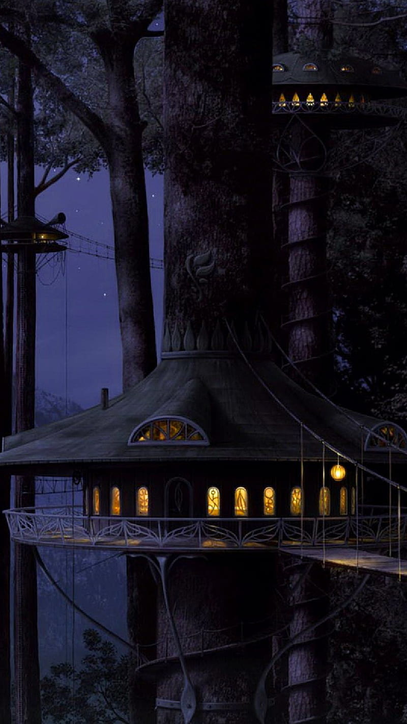 Treehouses, dark, houses, night, treehouse, trees, woods, HD phone wallpaper