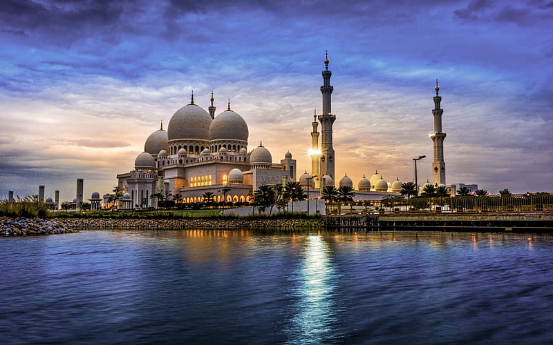 Sheikh Zayed Mosque, Abu Dhabi, UAE, evening, sunset, mosque, landmark, United Arab Emirates, HD wallpaper
