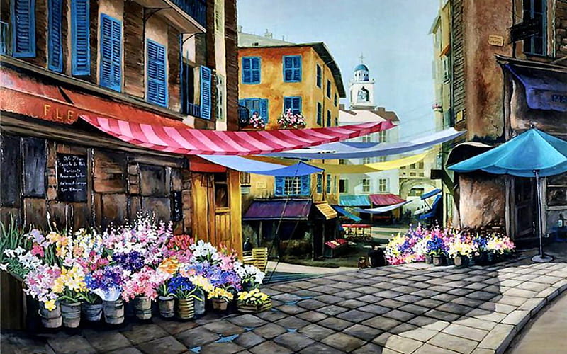 Street Florist F2, art, romance, cityscape, artwork, floral, love, painting, wide screen, flowers, scenery, HD wallpaper