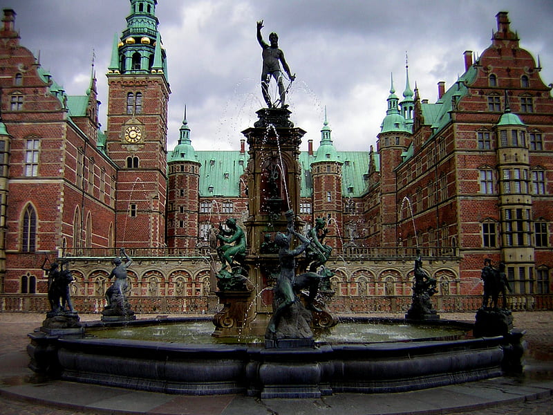 Frederiksborg Castle Fountain, fountain, frederiksborg, denmar, hillerod, castle, HD wallpaper