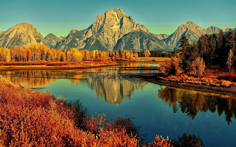 Snake River in Autumn, leaves, water, mountains, colors, reflection, trees, HD wallpaper