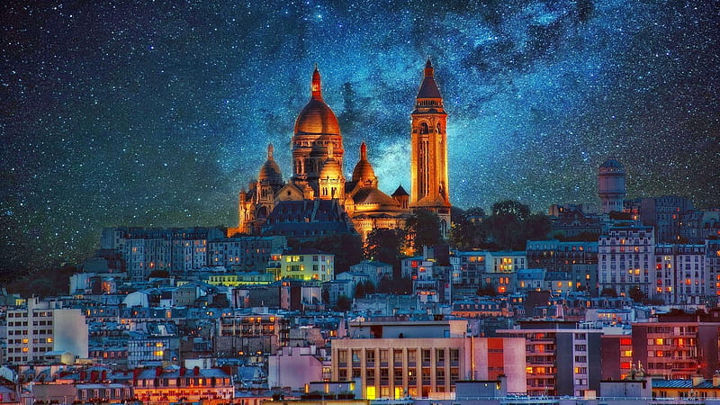 paris Montmartre france, love, paris, paithful, montmartre, stars, family, monuments, munuments, france, light, night, HD wallpaper