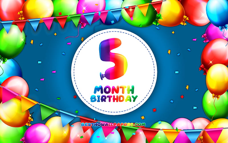 Happy 5th Month birtay colorful balloon frame, 5 month of my boy, blue background, Happy 5 Month Birtay, creative, 5th Month Birtay, Birtay concept, 5 Month Son Birtay, HD wallpaper