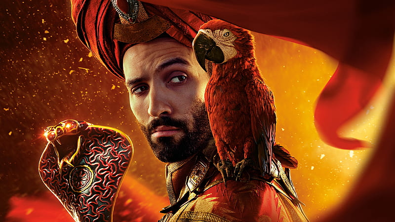 Aladdin (2019), face, parrot, man, actor, poster, movie, jafar, aladdin, bird, pasari, Marwan Kenzari, disney, HD wallpaper