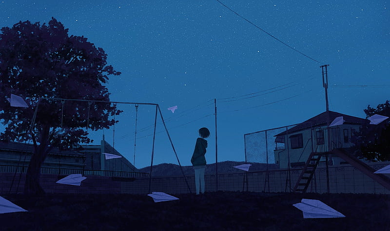 anime landscape, beautiful sky, starry sky, night, park, trees, anime girl, Anime, HD wallpaper