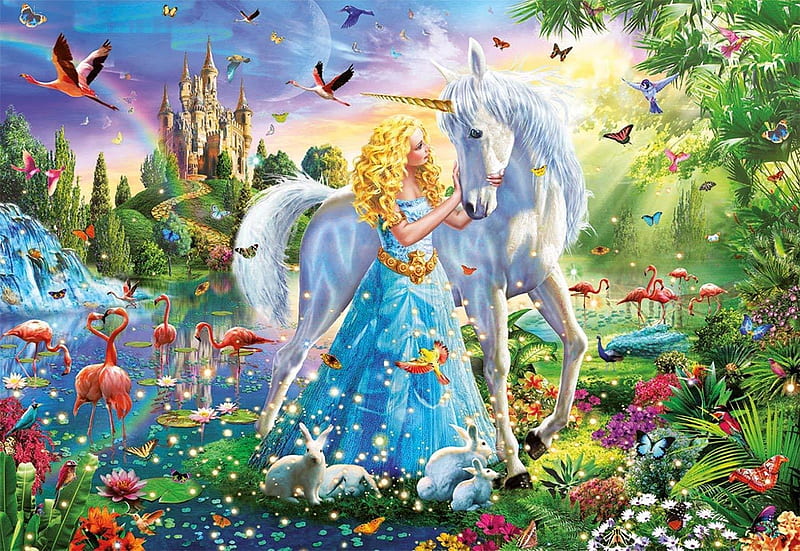 The Princess an the Unicorn, arts, fantasy, princess, unicorn, puzzle, HD wallpaper