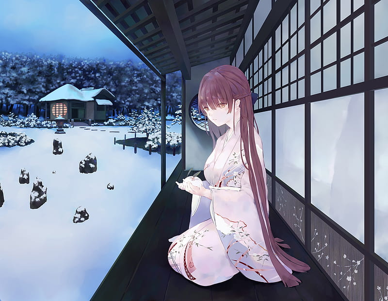 anime girl, winter, kimono, sitting, traditional house, long hair, Anime, HD wallpaper