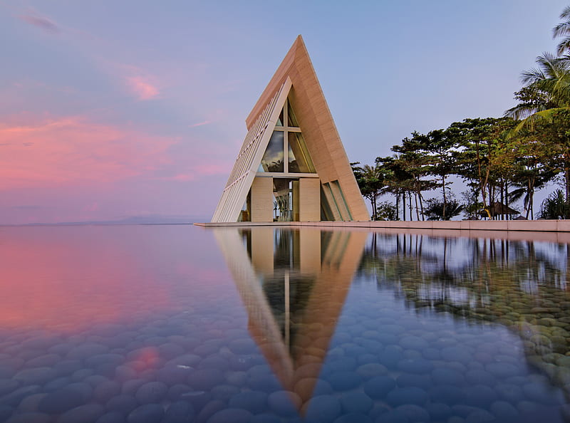 Reflection, rocks, architecture, resort, house, sunset, clouds, palm trees, modern, beach, resorts, stones, splendor, beauty, sunrise, luxury, lovely, holiday, houses, ocean, buildings, sky, trees, building, summer time, bonito, sea, pink, hotel, view, swimming pool, colors, bali, tree, peaceful, summer, nature, HD wallpaper